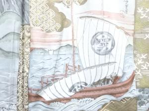 アンティーク　富士に宝船模様肩裏本場泥大島紬100亀甲男物羽織